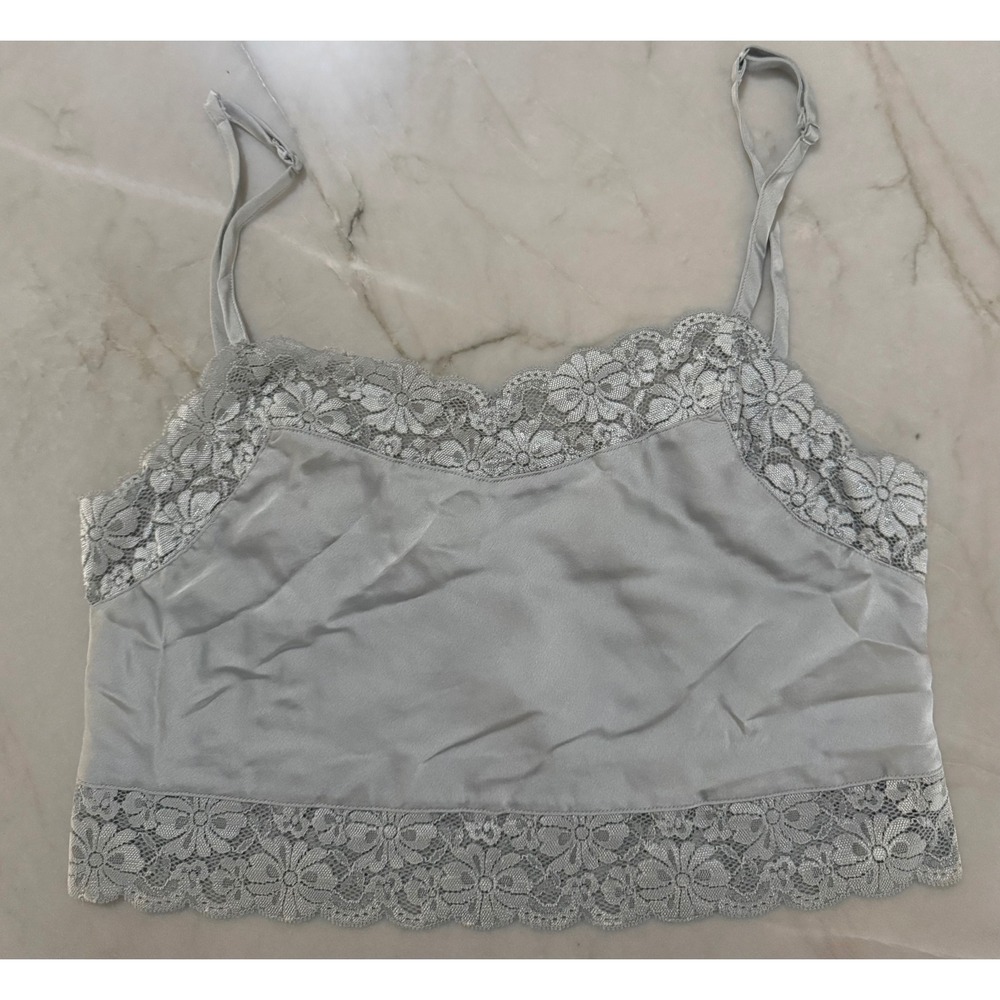 Brandy Melville Lace Trim Satin Cropped Camisole Sage Green Silver Blue Top OS